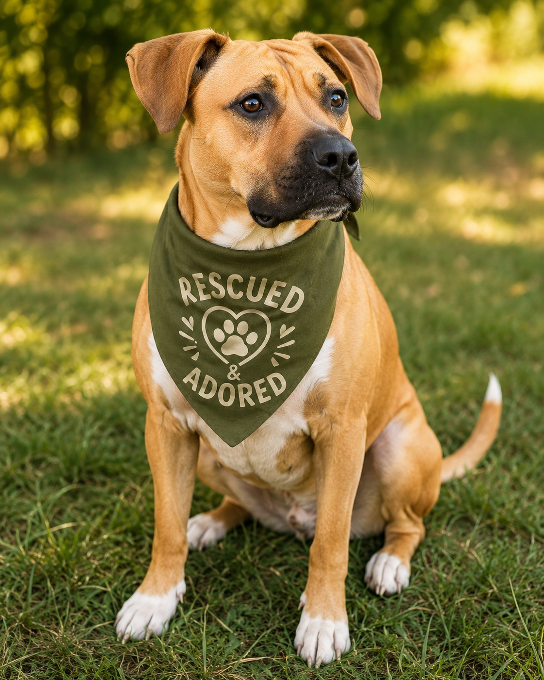 B01 — Rescued & Adored; dog wearing the bandanna